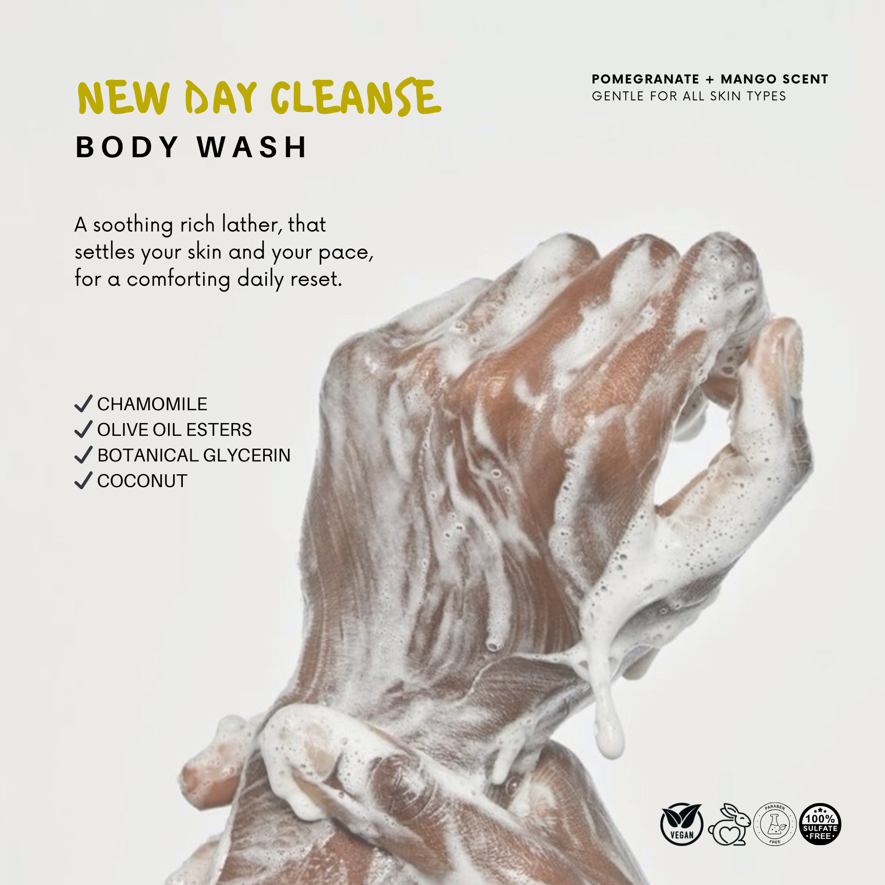 Advertisment for 'New Day Cleanse' body wash showing hands with soap suds on a white background. 