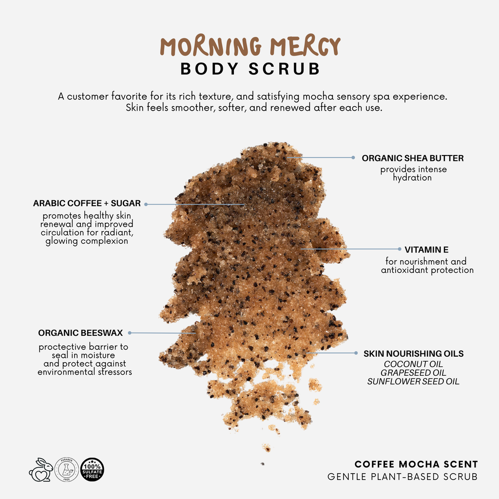 Swatch of Morning Mercy Body Scrub with ingredients listed on a white background